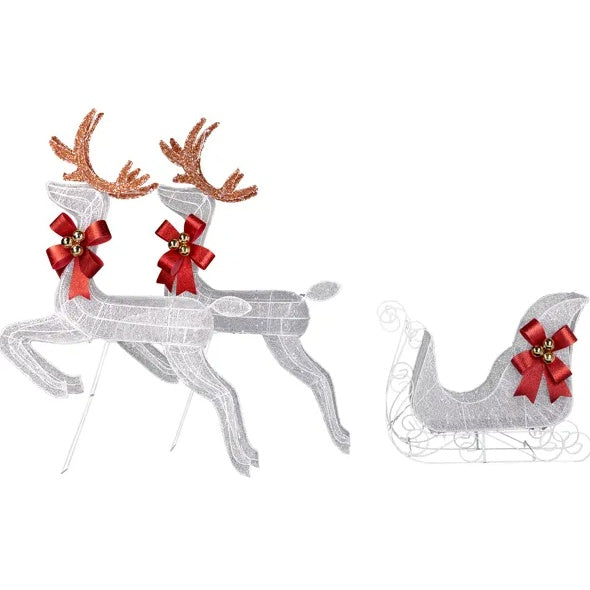 3-Piece Lighted Set Of 2 Reindeer & Sleigh, Weather Proof Christmas Outdoor Decorations With Pre-lit 270 LED White Lights And Stakes For Xmas Outdoor Holiday Indoor Decor Lighted Holiday Displays, Whi