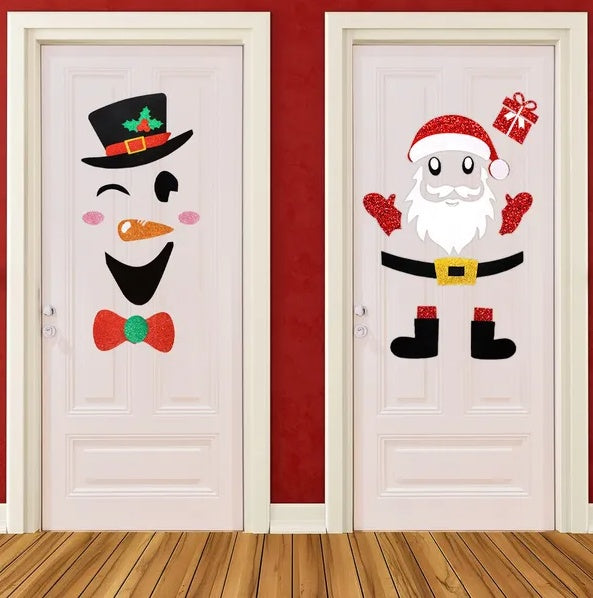 Christmas Door Stickers Self-Adhesive Snowman Santa Claus Felt Decals For Holiday Xmas Party DIY Door Window Refrigerator Decorations