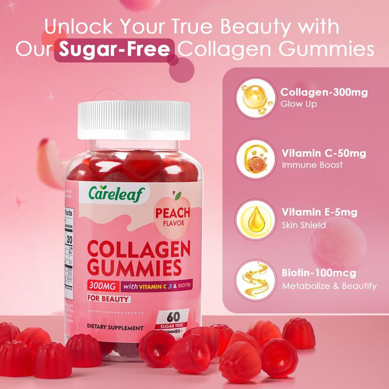 Sugar-Free Collagen Beauty Gummy Vitamin - Collagen, Vitamin C, E & Biotin - Supports Healthy Hair, Skin & Nails - Vegan, Plant-Based, Non-Gmo