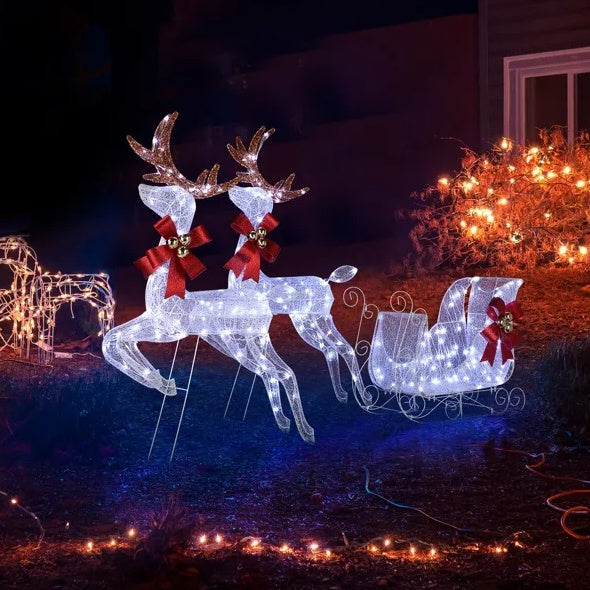 3-Piece Lighted Set Of 2 Reindeer & Sleigh, Weather Proof Christmas Outdoor Decorations With Pre-lit 270 LED White Lights And Stakes For Xmas Outdoor Holiday Indoor Decor Lighted Holiday Displays, Whi