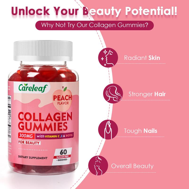 Sugar-Free Collagen Beauty Gummy Vitamin - Collagen, Vitamin C, E & Biotin - Supports Healthy Hair, Skin & Nails - Vegan, Plant-Based, Non-Gmo